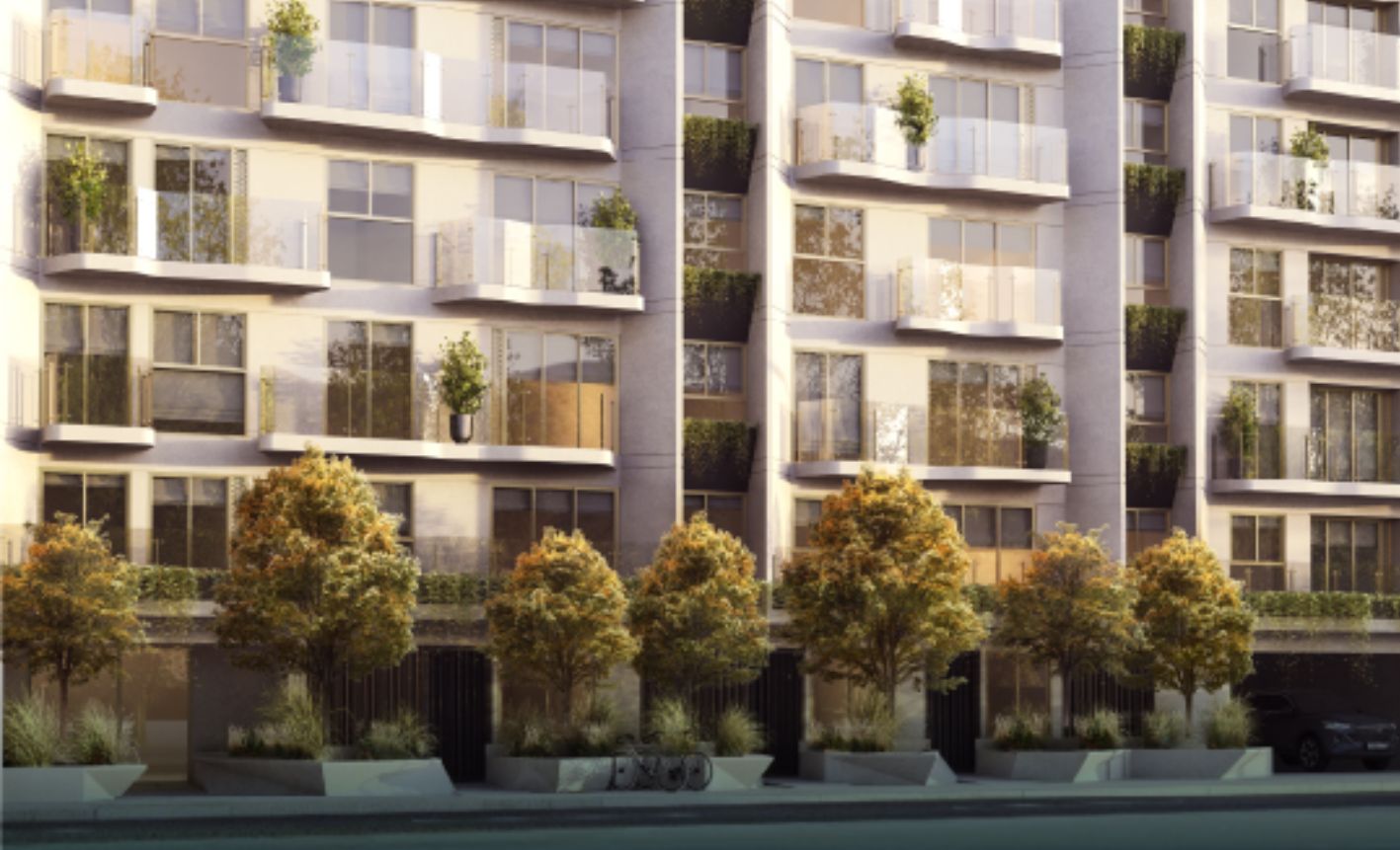 Render de fachada de proyecto residencial de Llosa Edificaciones con balcones verdes y árboles en primer plano, representando calidad inmobiliaria en Lima