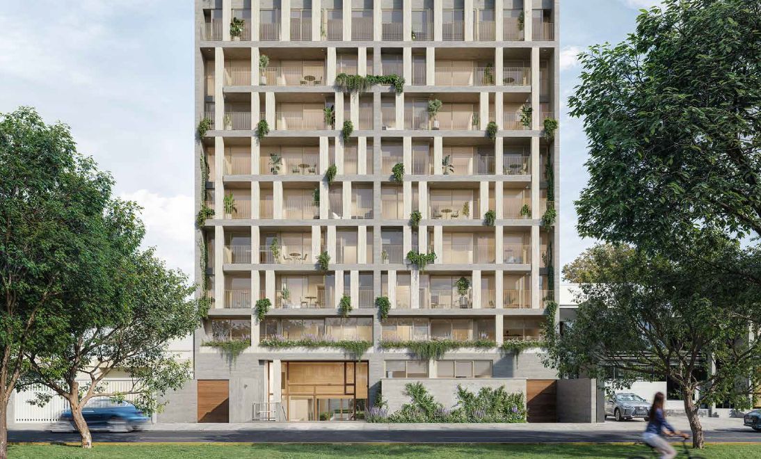 Render de fachada del proyecto Still de Llosa Edificaciones en San Isidro, edificio residencial moderno con balcones verdes y diseño contemporáneo en Lima