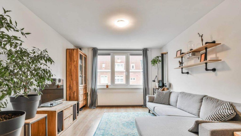 Sala de estar de un departamento ecológico con muebles de madera natural, plantas de interior y ventanas amplias para aprovechar la luz natural