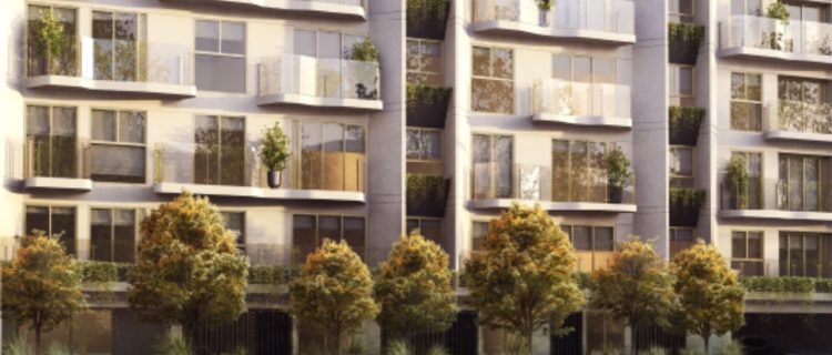 Render de fachada de proyecto residencial de Llosa Edificaciones con balcones verdes y árboles en primer plano, representando calidad inmobiliaria en Lima