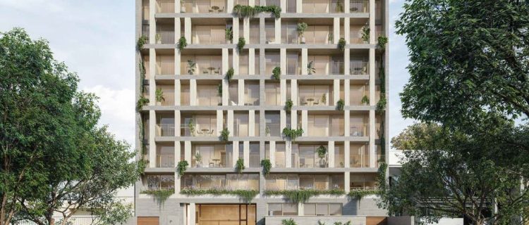 Render de fachada del proyecto Still de Llosa Edificaciones en San Isidro, edificio residencial moderno con balcones verdes y diseño contemporáneo en Lima